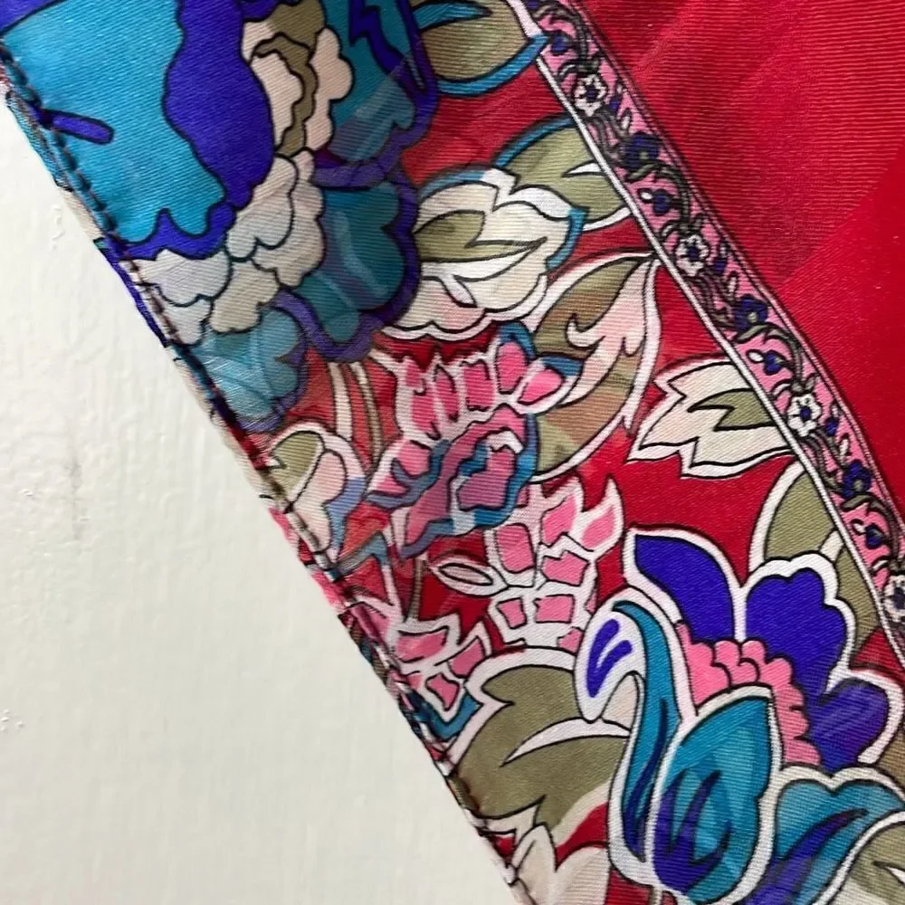 Red, pink, blue, white, & olive floral 31” square Lightweight silky scarf
